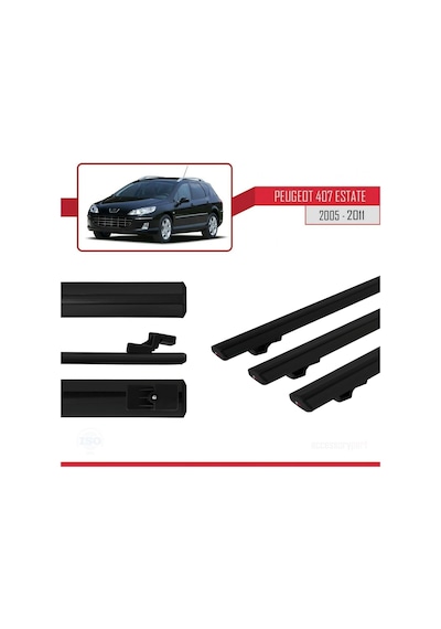 Peugeot 407 Estate 2005-2011 Arası İle Uyumlu Basic Model Ara Atkı Tavan Barı Siyah 3 Adet