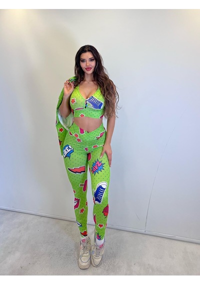 Pink Life Yeşil Desenli Taytlı Büstiyerli Üçlü Takım Yeşil