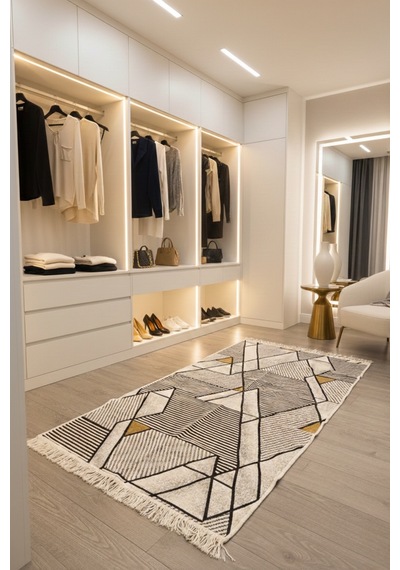 Modern Geometrik Desenli Çift Taraflı İnce Hafif Makinede Yıkanabilir Kilim Renkli
