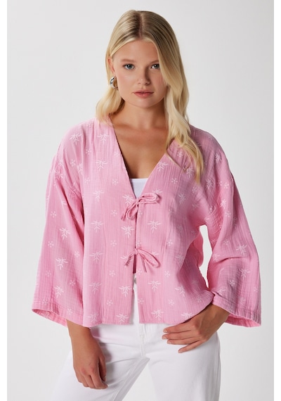 Ritnice Kadin Flora Müslin Kabartma Dokulu Pembe Kimono Pembe