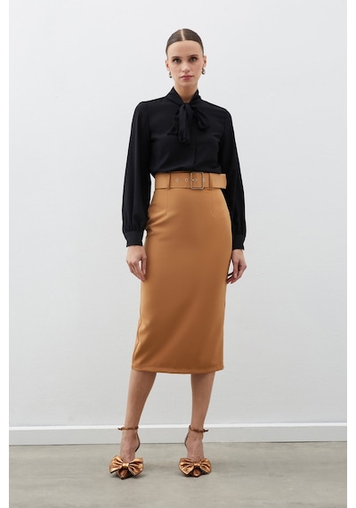 Sateen Kemerli Kalem Etek - Camel-132464 Camel