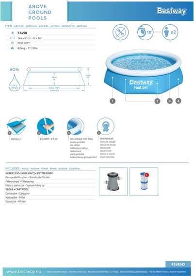 Bestway 57450 Fast Set Çember Şişme Havuz Seti 2.44 M X 61 Cm Mavi