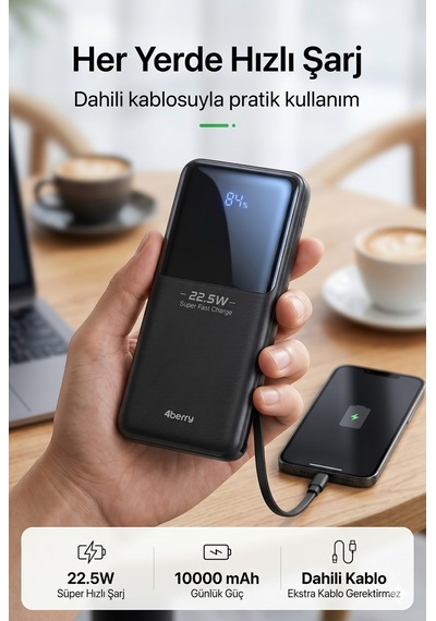 4berry Y376 10000mah 22.5w Süper Hızlı Şarj Type-c Ve Lightning Kablolu Powerbank Siyah