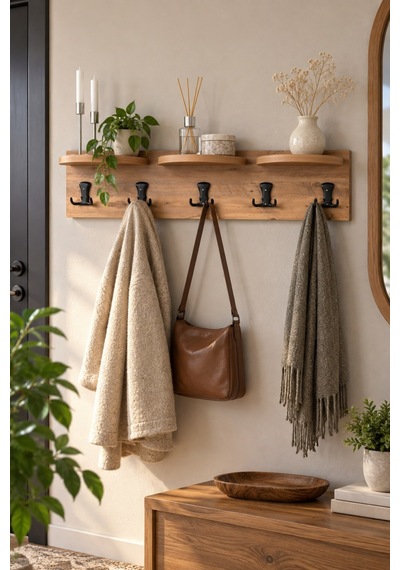 Sulorahome 5'li Duvar Askılığı Raflı Ve Kancalı Ceviz Desenli Kahverengi 80 Cm
