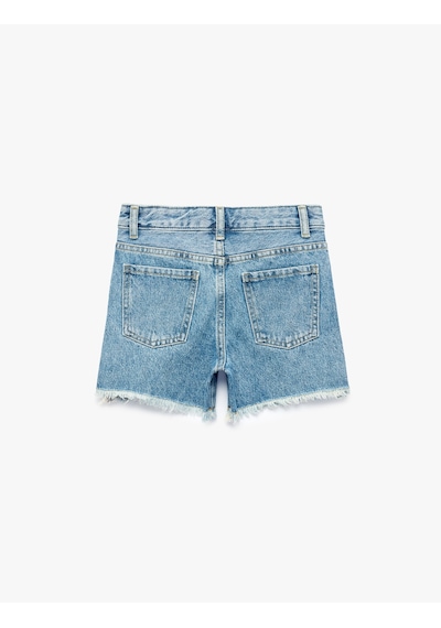 Koton Pamuklu Cepli Püsküllü Paça Denim Şort Orta İndigo 6skg40114ad
