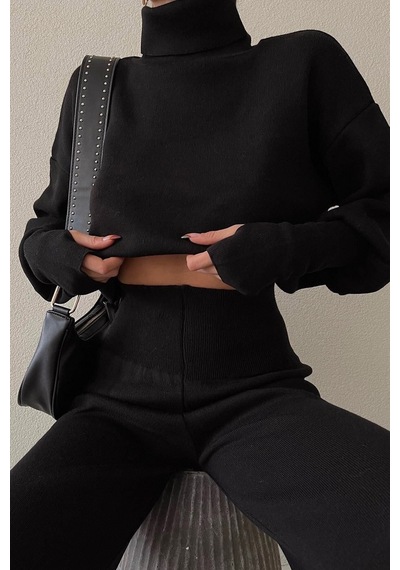 Cıqulata Triko Crop Pantolon Takım Siyah Siyah