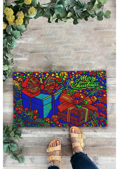 Valerine Life Merry Christmas Yılbaşı  Kutulu Welcome Hoş Geldiniz Kapı Önü Paspası 45x70cm Kahverengi