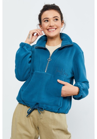 Tommy Life Zümrüt Yarım Fermuar Etek Ucu Büzgülü Kadın Polar Oversize Sweatshirt - 97171 Zümrüt Yeşili