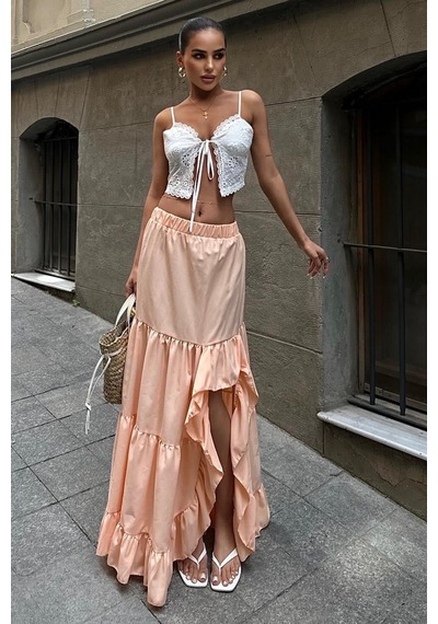 Lijuri Audrey Fıfrlı Yırtmaç Detay Etek 4037 R6-ı-k4 Somon