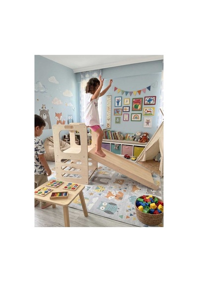 Montessori Ahşap Oyun Kulesi Çift Taraflı Kaydırak Ve Tırmanma Rampası Ham Naturel Diğer