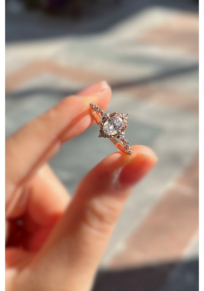 925 Ayar Gümüş Rose Gold Oval Kesim Zirkon Taşlı Vintage Tasarım Kadın Yüzük Rose