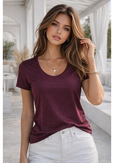 Kadın Bordo Bisiklet Yaka Kısa Kollu Tişört Bordo