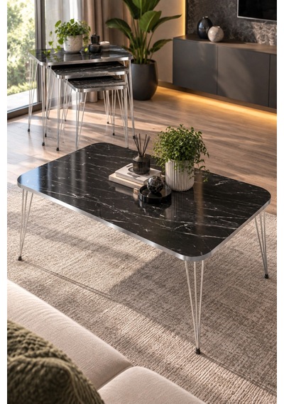 Sulorahome Siyah 4'lü Sehpa Seti Gümüş Metal Ayaklı