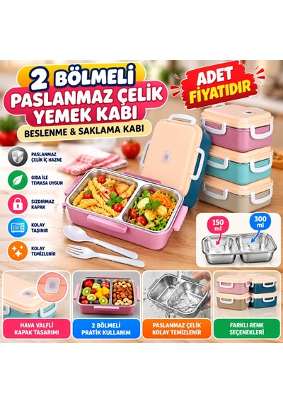 2 Bölmeli 150-300 Ml Paslanmaz Çelik Yemek Kabı Beslenme Kabı Yiyecek Saklama Kabı - 1 Adet Stokta Olan Renk Gönderilir Beyaz - Çok Renkli