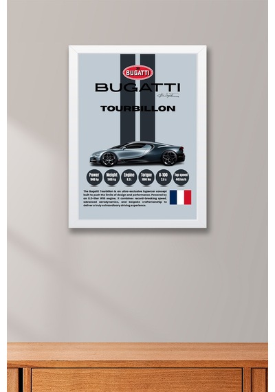 Bugatti Tourbillon Araba Tablosu - Teknik Özellikli Otomobil Poster - Çerçeveli Duvar Dekoru Beyaz