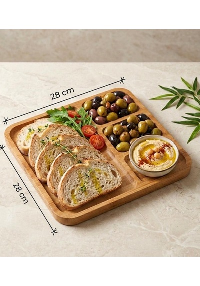 4 Bölmeli Bambu Kare Sunum Tabağı Kahvaltı Tabağı 28 Cm 28x28