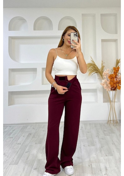 İrka Moda Irka Moda Bel Lastikli Cırtlı Palazzo Kırmızı Pantolon Kırmızı