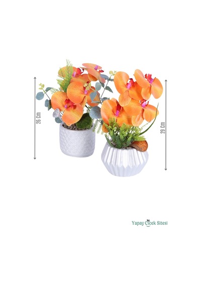 Yapay Çiçek Sitesi Gümüş Beton Saksıda Yapay Orkide Tanzimi Set 29cm Model 3 Turuncu