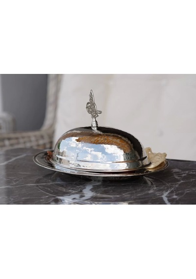 Bakır Sunumluk Kapaklı Oval Gümüş Renk 30 CM