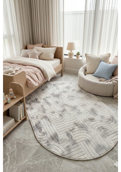 Modern Oval Halı Bambu Dokulu Kaymaz Taban Yumuşak Salon Yatak Odası Halısı Gri 5001