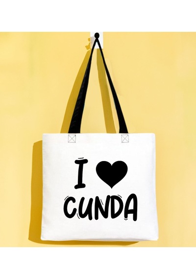 Bk Gift I Love Cunda Siyah Renkli Kulp Gabardin Bez Çanta 40x35cm, Baskılı Omuz Çantası, Alışveriş Çantası, Plaj Çantası