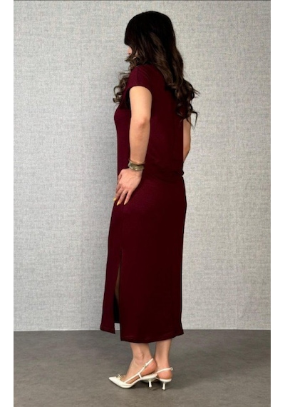 Efnaz Style Kadın Kısa Kollu Yakalı Yandan Yırtmaçlı Viskon Iki Iplik Elbise Bordo