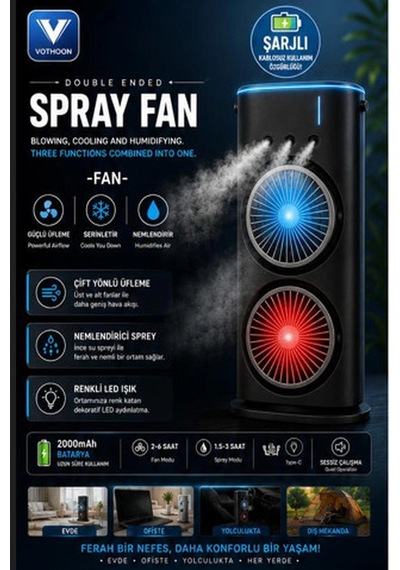 Vothoon Çift Başlıklı Sprey Fan Nemlendirici Ve Renkli Led Işıklı
