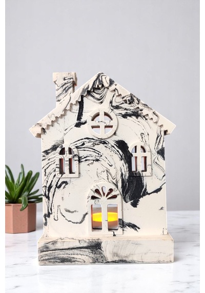 Meremer Desenli Dekoratif Tealight Mumluk - Ev Şeklinde Mumluk Tealight Mum Dahildir Beyaz -  Siyah
