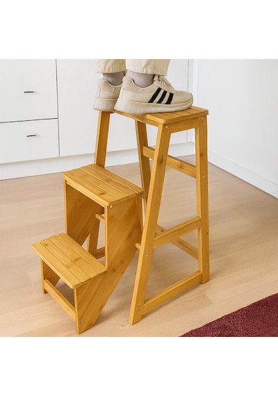 Porsima Pbt-379 Ahşap Bambu 3 Basamak Merdiven - Portatif Demonte Ve Ergonomik Ev Tipi Dekoratif Tabure Merdiven 1 Adet