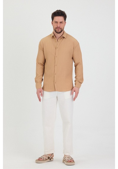 Tarz Cool Erkek Kendinden Çizgi Detaylı Slim Fit Dar Kalıp Uzun Kol Gömlek Krem