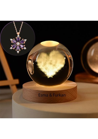Büyük Boy Işıklı Ahşap Kaideli Kalp Temalı Cam Küre 8cm Ve Lotus
