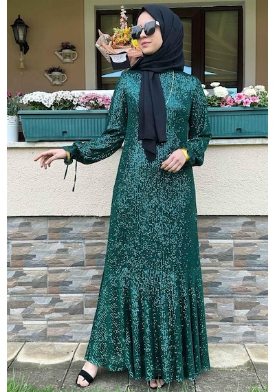 Rabia Şamlı Pırıl Zümrüt Yeşili Elbise Normal