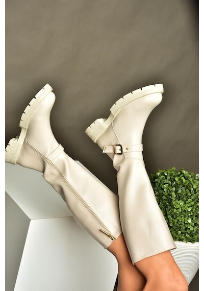 Fox Shoes R518096809 Bej Fermuarlı Alçak Topuklu Kadın Çizme Bej