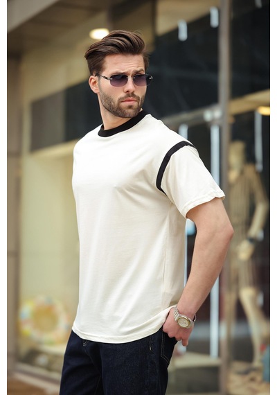 Madmext Ekru Bisiklet Yaka Regular Fit Erkek T-shirt E7126 Ekru