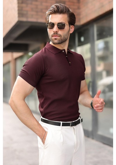 Madmext Mürdüm Çıt Kapamalı Polo Yaka Triko Erkek Tişört E7493