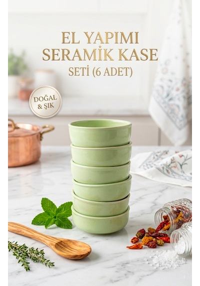 6 Lı Seramik Kase Seti Açık Yeşil El Yapımı Minimal Sunum Kasesi 8,5 Cm