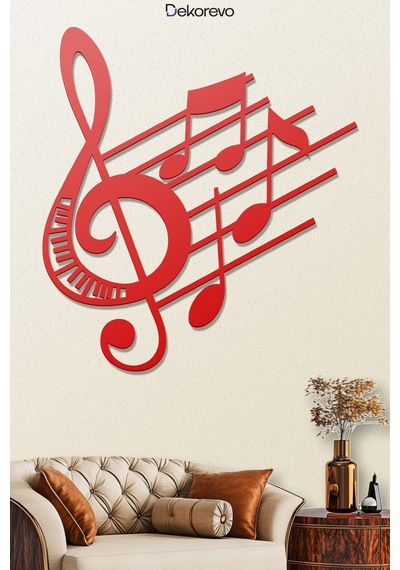 Sol Anahtarı Ve Notalar Metal Duvar Tablosu - Metal Duvar Sanatı - Kırmızı - 65 X 75 Cm