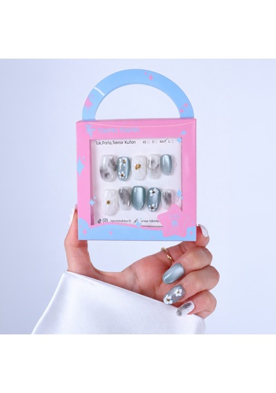 Takma Tırnak Mavi Nail Art Kısa Oval 10'lu Tekrar Kullanılabilir El Yapımı Protez Takma Tırnak M