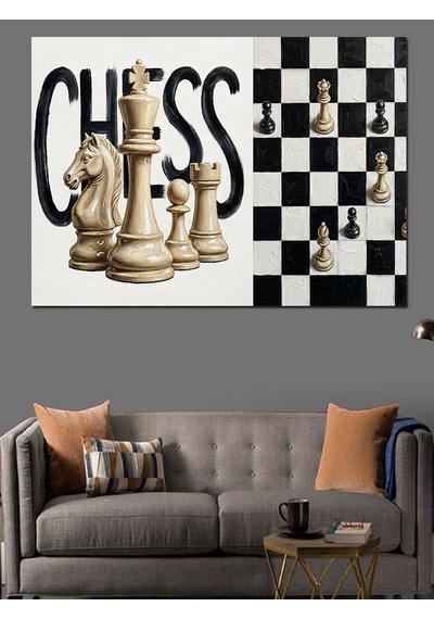 Satranç Taşları Ve Chess Yazısı Dekoratif Kanvas - Mdf Ahşap Tablo