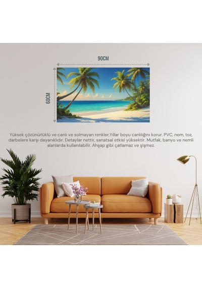 Doğa Ve Manzara Yatay Palmiye Ağaçları Turkuaz Deniz Kum Ve Huzurlu Berrak Gökyüzü 04 Çerçevesiz 90x60cm Pvc Tablo