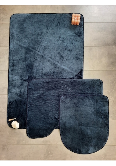 Ultrasoft Düz Lacivert 3 Lü Banyo Halısı Paspası Seti Kaymaz Deri Lacivert