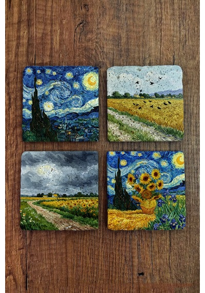 Doğal Taş Bardak Altlığı - Van Gogh Aı Eserleri Baskılı 10x10cm Yapay Zeka Stone Coasters 481 Çok Renkli
