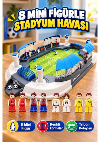Büyük Boy Masaüstü Futbol Oyunu 70,5 Cm 2 Kişilik 4 Kontrollü Mini Stadyum 8 Figürlü Çocuk Oyun Seti