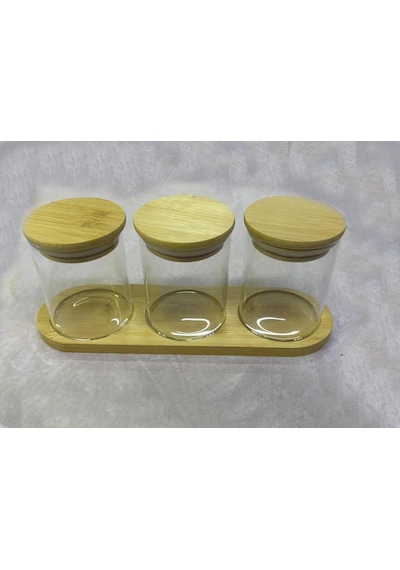 Bambu Standlı 3 Lü Mini Baharatlık Seti Vakum Kapaklı Kavanoz 7x6 Cm Stand 22x7 Cm Şeffaf