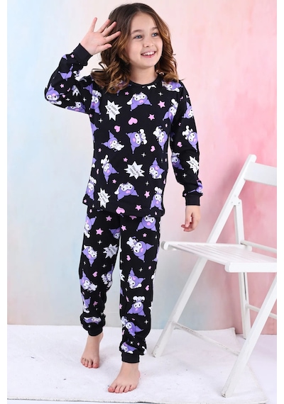 Kuromi Desenli Kız Çocuk Pijama Takımı Pembe 3-8 Yaş Siyah