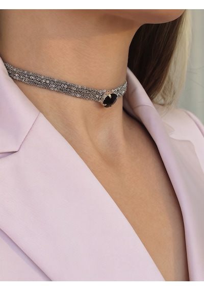 Kordon Zincir Örme Kristal Taşlı El Yapımı Choker Tasma Siyah Silver Renk Kolye
