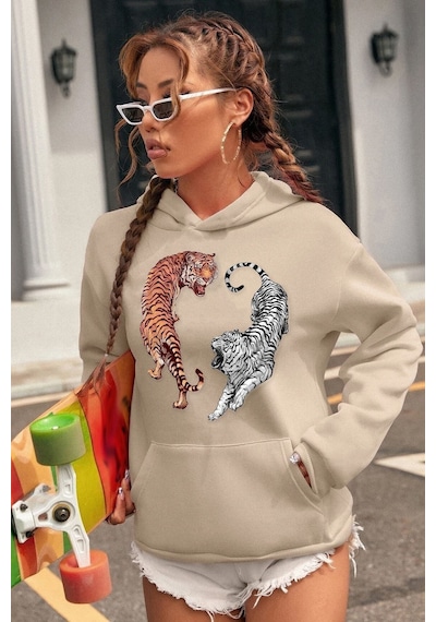 Uyguntarz Unisex Tiger Baskılı Sweatshirt Bej