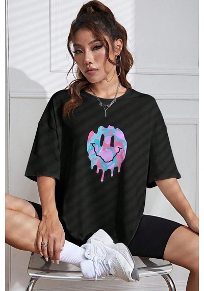 Unisex Smile Baskılı Tasarım Tshirt Siyah