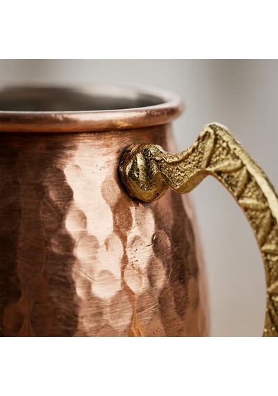 Fıçı Bakır Bardak Dövme Kulplu Ayran Su Meşrubat Bardağı Bakır - Gold