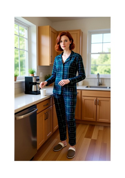 Ersefa Kadin Kirmizi Ekose Pijama Takımı Gömlek Yaka Uzun Kollu Fonksiyo Yeşil